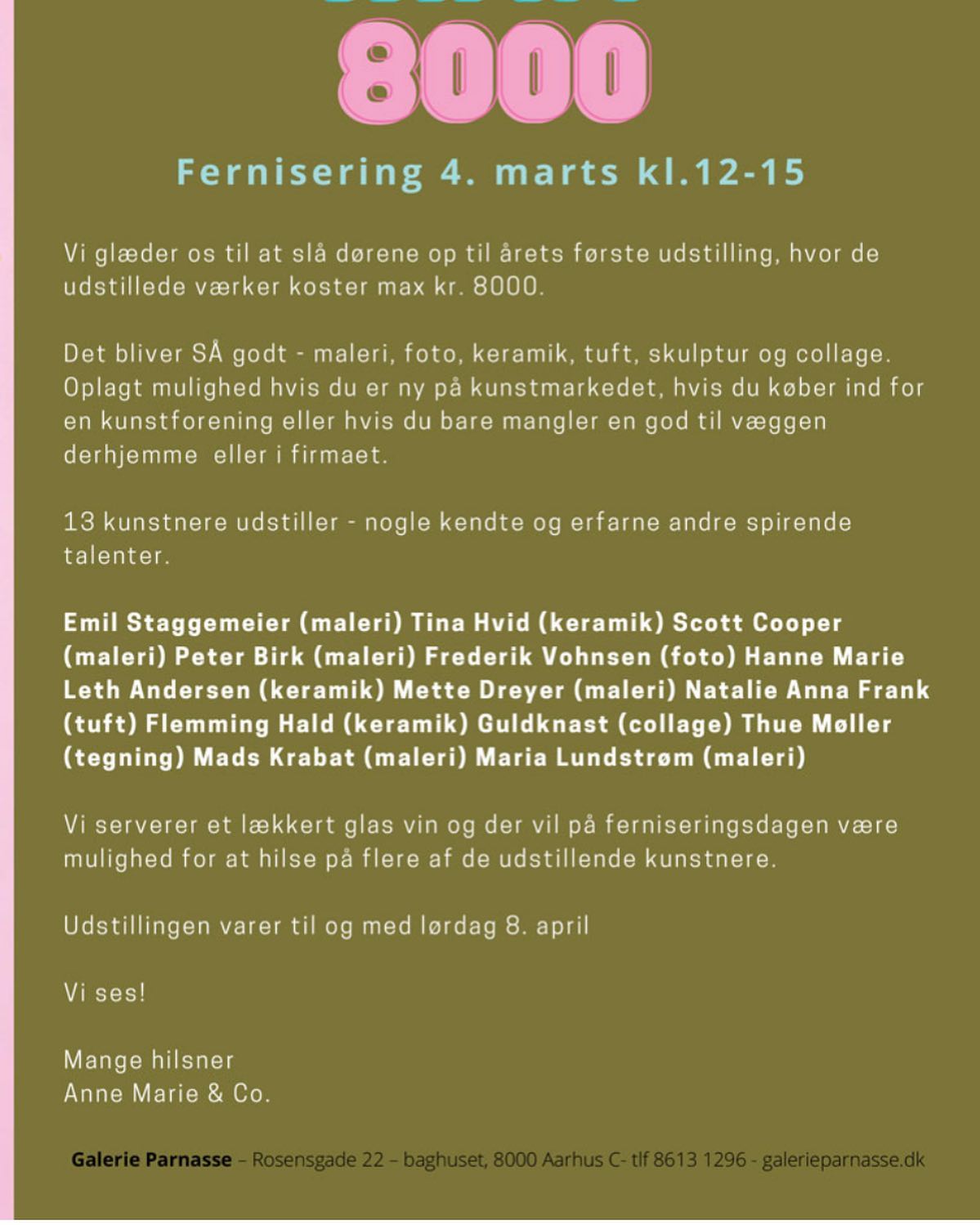 Max 8000
Velkommen til fernisering i Galerie Parnasse, Rosensgade 22, baghuset i Århus lørdag den 4. Marts.  #andersenkeramikringkøbing #galerieparnasse #rosensgade #aarhus #kunst #keramik